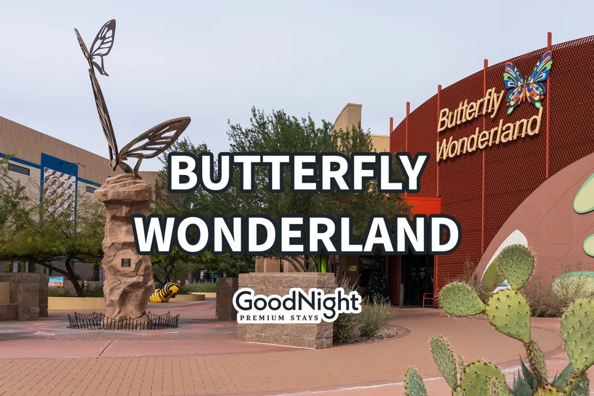 This image features the exterior of Butterfly Wonderland with its prominent butterfly sculpture, signage, and surrounding cactus plants. The vibrant atmosphere captures families and children preparing to embark on an educational and fun adventure.